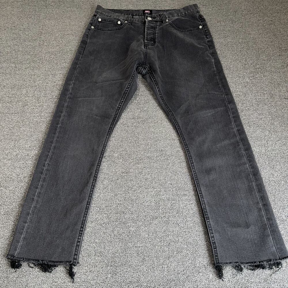 Obey New Threat Slim Jeans Womens 32 Black Denim Raw Hem Straight Leg Button Fly